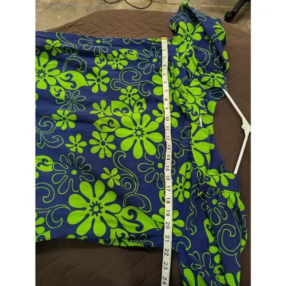 VINTAGE VIBRANT blue & green 1960s/70s handmade mumu house dress size approx L - Picture 3 of 7